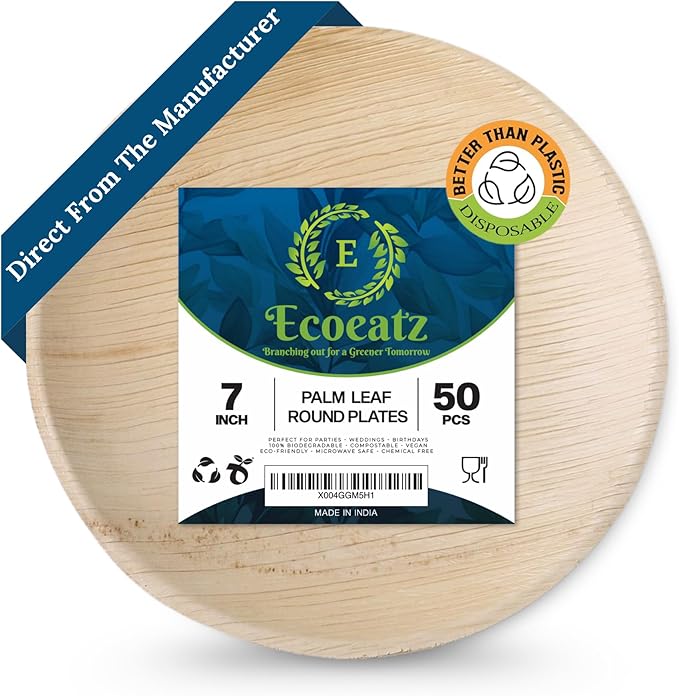 7" Round Bamboo Plates - 50 Pack Disposable Bamboo Plate, Compostable & Eco-Friendly Plates, Natural Bamboo Style, Sturdy & Leak Resistant, Bulk Party Pack for Picnics, Events & Weddings