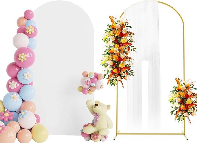 Putros Arch Backdrop Stand and Cover Set, 6.6ft, Gold Arch Stand with White Cover, Metal Arched Background Frame for Wedding, Birthday Party, Baby Shower, Photography Decoration