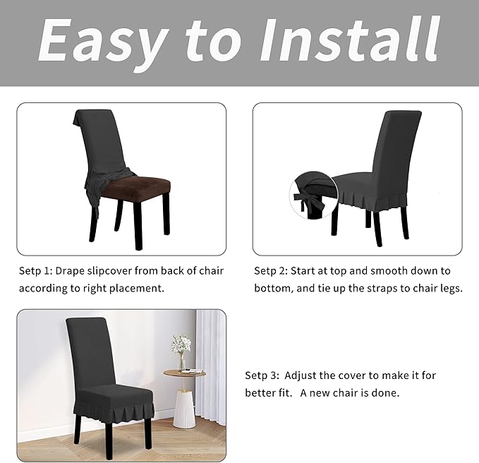 Easy-Going Dining Chair Covers Stretch Parsons Chair Slipcover with Skirt Chair Covers for Dining Room Restaurant Banquet (2 PCS, Dark Gray)