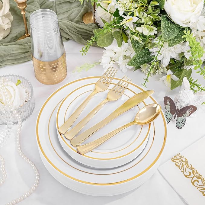 Supernal 60PCS Gold Plastic Dinnerware Set (Service for 12 Guests) - Heavy Duty White Gold Plates with Disposable Silverware for Graduation Party, Summer Wedding, BBQ & Birthday