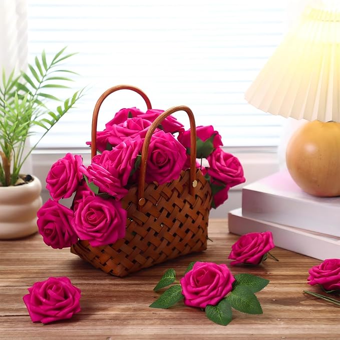 50 Pcs Artificial Foam Rose Flower Faux Bouquet Wedding Fake Rose Gift for Mother's Day Women DIY Bridal Shower Party Table Birthday Home Spring Decor (Hot Pink)