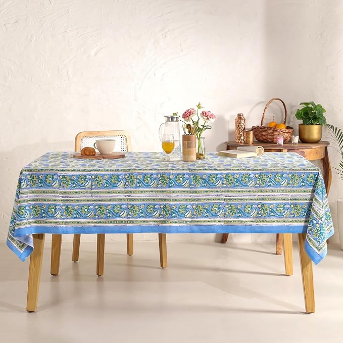 Hand Block Printed Tablecloth, Colorful Floral Print, Indian Artisan Handmade Art, Dining Room, Kitchen, Outdoor Décor, (Dusky Leaf Whisper, 8 Seater 72 x 108 Inches Rectangle)