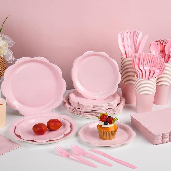 400 Pcs Pink Paper Plates and Napkins Set Party Supplies, Easter Party Tableware set for 50 Guest include Disposable Pink Scalloped Plates Napkins Knives Forks Spoons Cups for Baby Shower Wedding