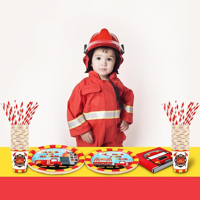 Recheel Firetruck Birthday Party Supplies Decorations, Fire Truck Theme Paper Plates and Napkins Set for 24 Guests, 120 Pcs Disposable Firefighter Party Dessert Dinnerwares