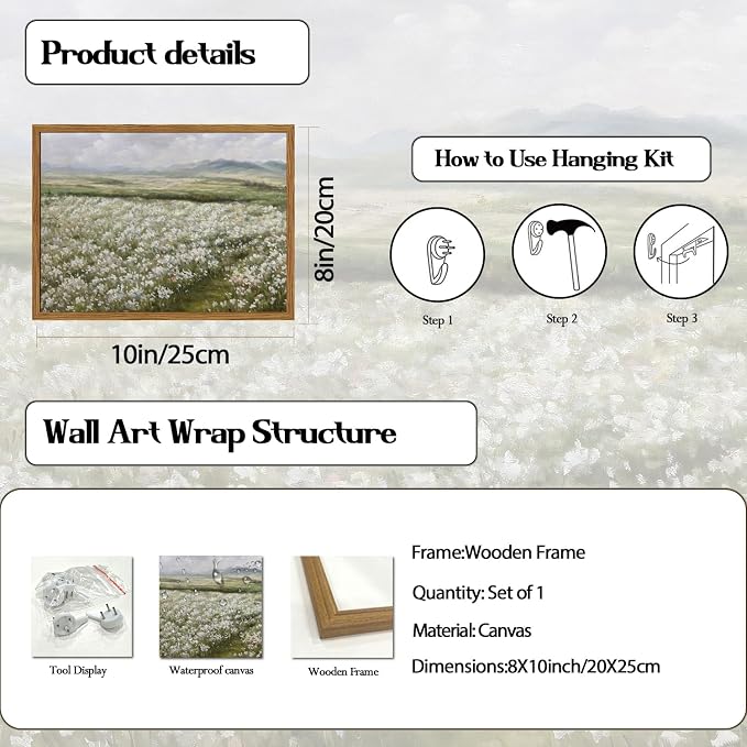 Framed Vintage Landscape Wall Art, Country Wildflower Field Pictures Wall Decor, Rustic Nature Flower Paintings Canvas Prints Farmhouse Home Decor for Living Room Bedroom Bathroom 8x10 inch