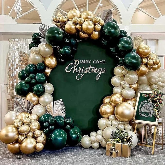 Emerald Green Gold Balloon Arch Kit, Double Stuffed Dark Forest Green Pearl White Sand Ivory Balloon Garland for Birthday Wedding Anniversary Graduation Jungle Mother's Day New Year Party Decoration