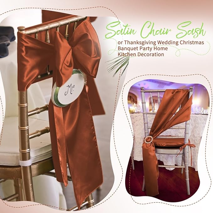 120 PCS Terracotta Satin Chair Sashes, Ties Bows Designed Chairs Decorative, Chair Cover Sashes for Thanksgiving Wedding Christmas Banquet Party Home Kitchen Decoration (7 x 108 inch)