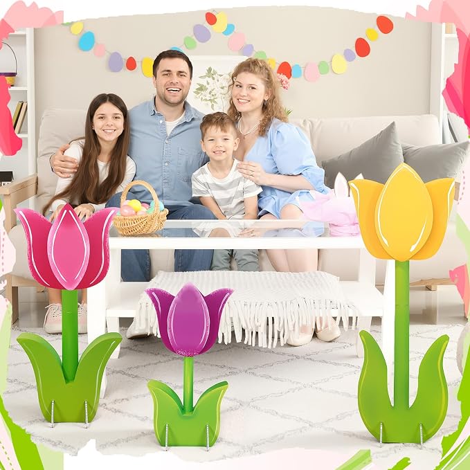 Amyhill 3 Pcs Spring Decorations Tulip Cardboard Cutout Standup Life Size 16.93/23.23/29.92 Inches Tulip Flower Cardboard Cutouts for Mother's Day Indoor Outdoor Yard Baby Shower Party Photo Props