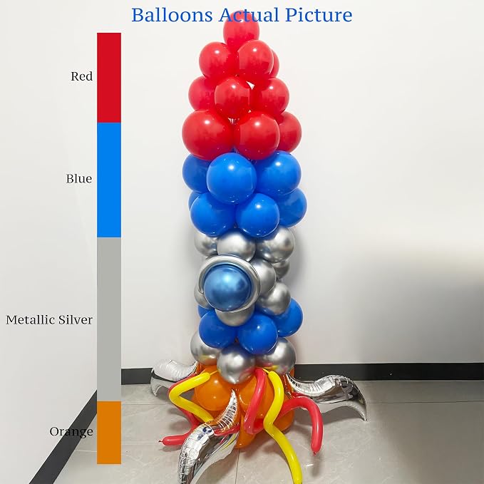 PartyXpress 117PCS Rocket Balloon Arch Garland Kit with Red Blue Orange Metallic Silver Balloons for Outer Space Theme Party Decorations, Rocketship Decor, Kids Birthday