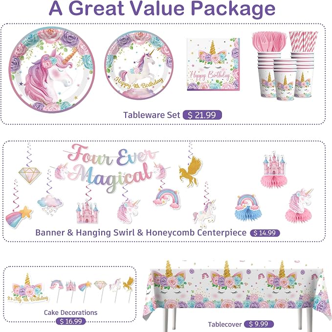 Xynic 190Pcs Unicorn 4th Birthday Decorations, Four Ever Magical Birthday Decorations Tableware Set with Plates and Napkins Serves 25, 2 Tablecloths for Unicorn Decorations
