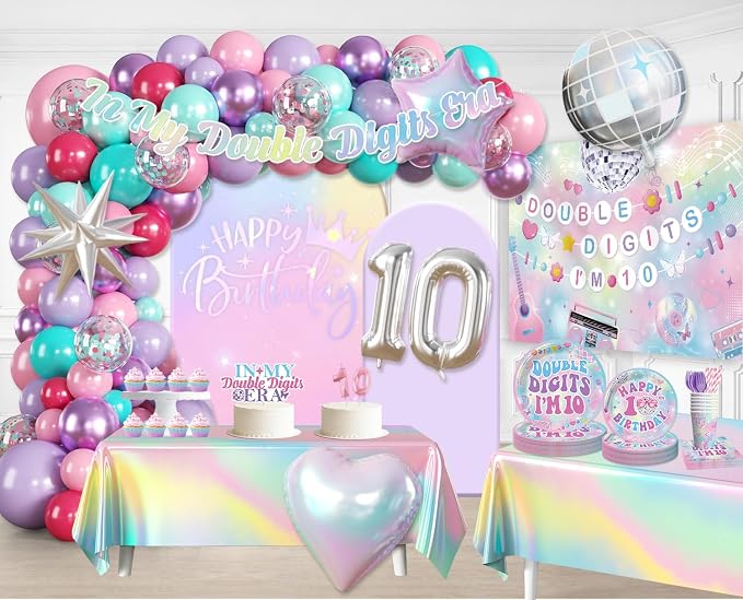 10th Birthday Decorations for Girls All-in-one Set, 279pcs Double Digits Birthday Girl Decorations Serves 25 with Backdrop Balloons Tableware Tablecloth Crown Sash Centerpiece Cupcake Toppers