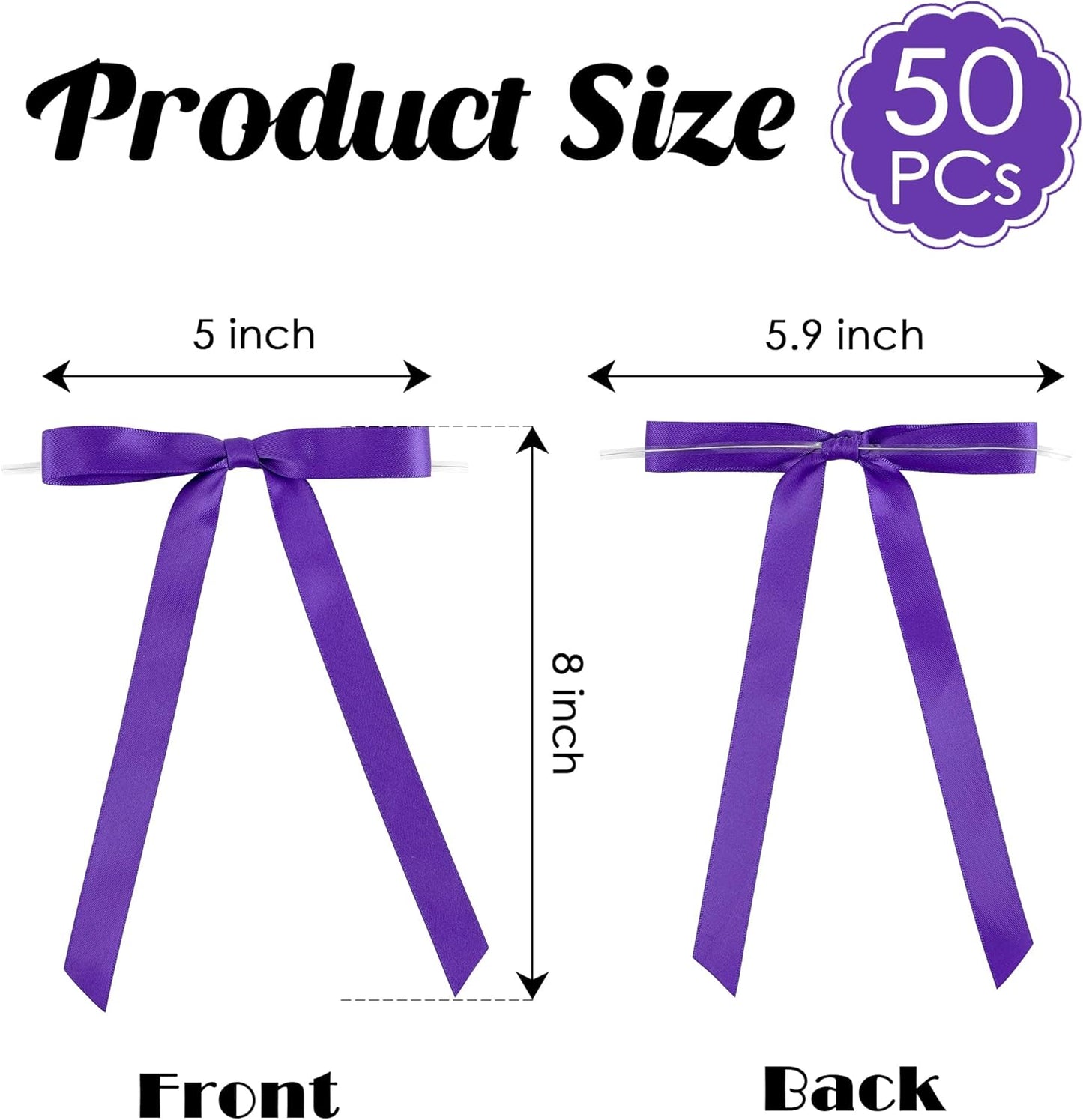 50 PCs Purple Bow 5 Inch Long Tail Bows for Gift Wrapping, Easter Bow Party Decorations, Twist Tie Bows, Satin Bows for Crafts, Premade Bows for Presents, Treat Bags, Bottles, Cakes