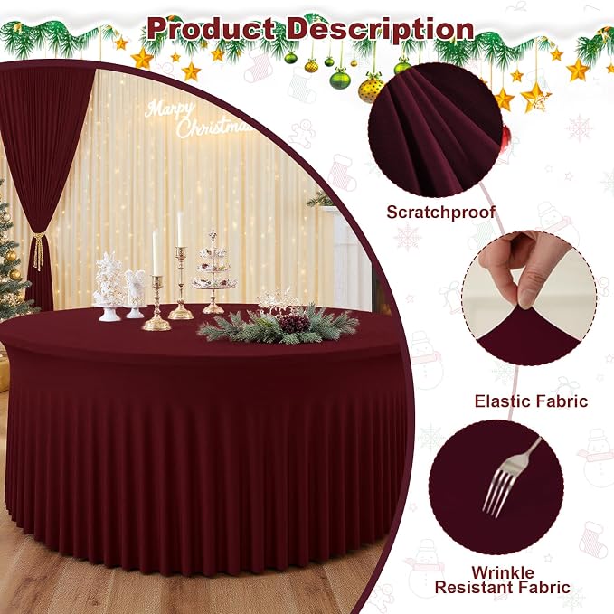 2 Pack Burgundy Round Tablecloth with Skirt, 60 Inch Elastic Fitted Table Cover for 5FT Tables, Wrinkle-Resistant & Washable Snug Fit for Christmas, Thanksgiving, Holiday Dinners & Parties