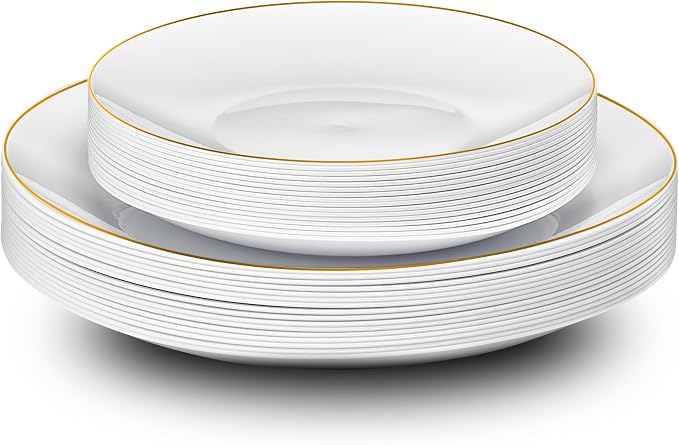 PLASTICPRO White Plastic Design Party Plates Premium heavyweight Elegant Disposable Tableware Dishes (128, White Organic with Gold Rim)