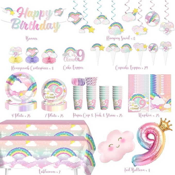 Xynic 200Pcs On Cloud 9 Birthday Decorations for Girls, All-in-One Party Supplies Includes Banner, Cake Toppers, Foil Balloons, Plates and Napkins, Easy Setup On Cloud Nine Party Decor, Serves 25