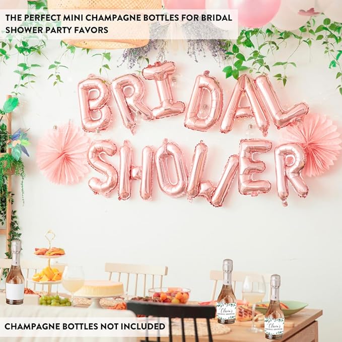 Andaz Press Personalized Bridal Shower Mini Wine Labels for Bottles, Greenery Green Leaves 20-Pack Custom Mini Champagne Bottles Bulk Waterproof Bridal Shower Wine Bottle Labels