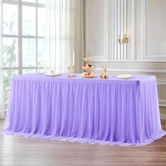 2-in-1 Lavender Tulle Tablecloths with Skirt for 6 Foot Rectangle Tables Party Ruffle Tutu Tablecloth 6FT Stretch Fitted Table Cover for Wedding Reception Birthday Baby Shower Celebration Banquet