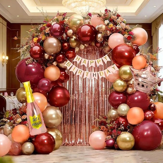 Burgundy Birthday Decorations, Double Stuffed Dark Red Pink Gold Pearl Balloons Happy Birthday Banner Fringe Curtain Foil Balloons for Women Girls Birthday Mother's Day Bridal Shower Party Supplies