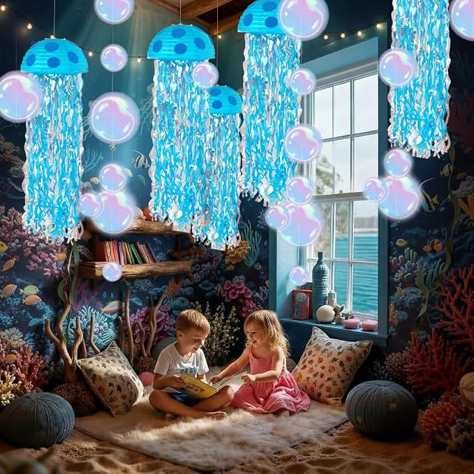 18 Pcs Under The Sea Party Decorations-6pcs 10'' Hanging Jellyfish Paper Lanterns， Bubble Garlands Crepe Paper for Shower - Mermaid Birthday Decorations，Ocean Theme Classroom & Beach Room Decor Blue