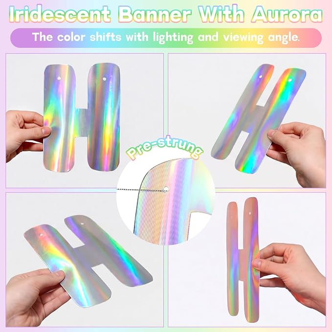 Knitgrip 23 Pcs Pre-strung Iridescent Birthday Party Decorations Aurora Holographic Party Decorations Include Disco Sparkly Happy Birthday Banner Hanging Honeycomb Ball Paper Fan Snowflake Star