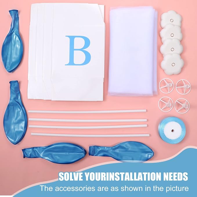 Wettarn 4 Set Blue Boy Baby Shower Table Centerpiece Decor 24'' Tulle Tutu Balloon with Letter Boxes Gender Reveal Centerpiece Balloon with White Tulle Cover, Stand, Boxes for Girl Boy Birthday Party