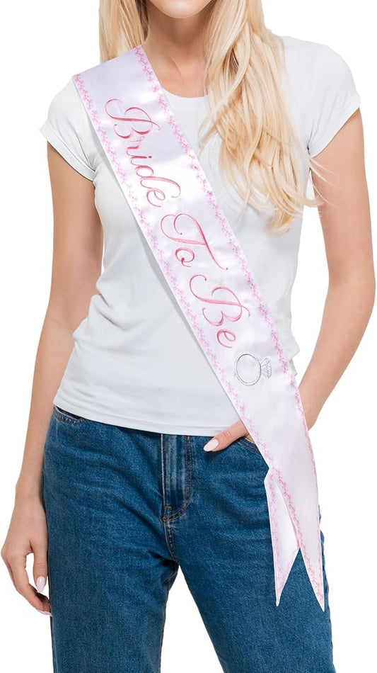 Embroidered Bride to Be Sash Double-Layer Satin Sash with Pink Trim Bridal Shower Hen Night Bachelorette Party Accessories