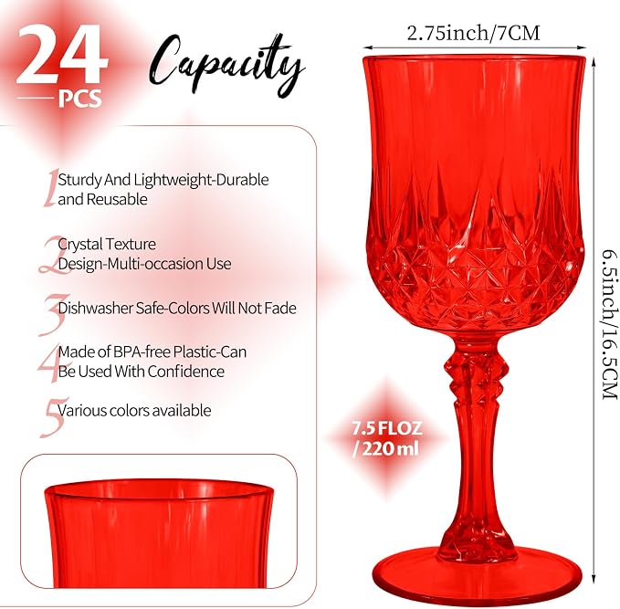24Pack Red Plastic Wine Glasses,Vintage Plastic Goblets for Parties, Red Drinking Glasses Crystal Water Goblets Reusable for Wedding Reception, Grand Event Party Supplies