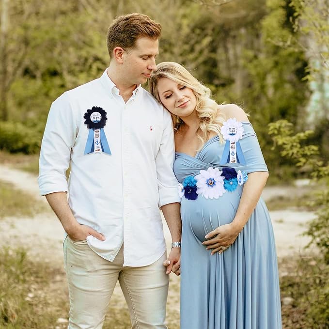 Nautical Baby Shower Maternity Sash Kit - Blue Ahoy NauticalmBaby Shower Belly Belt and Mom to Be & Dad to Be Corsage Pins, Pregnancy New Parents Photo Props Ocean Theme Party Supplies