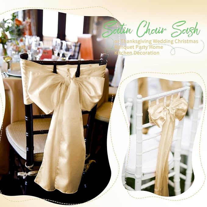60 PCS Champagne Satin Chair Sashes, Ties Bows Designed Chairs Decorative, Chair Cover Sashes for Thanksgiving Wedding Christmas Banquet Party Home Kitchen Decoration (7 x 108 inch)