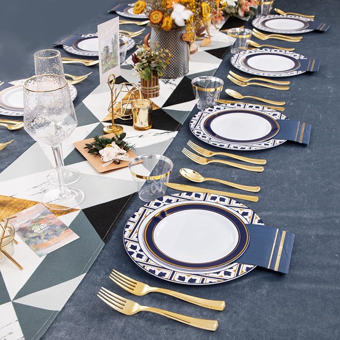 Nervure 175PCS Blue Plastic Plates - White Blue Gold Disposable Plates Include 25Dinner Plate, 25Dessert Plate, 25Cups, 25Forks, 25Knives, 25Spoons, 25Napkins for Wedding & Party