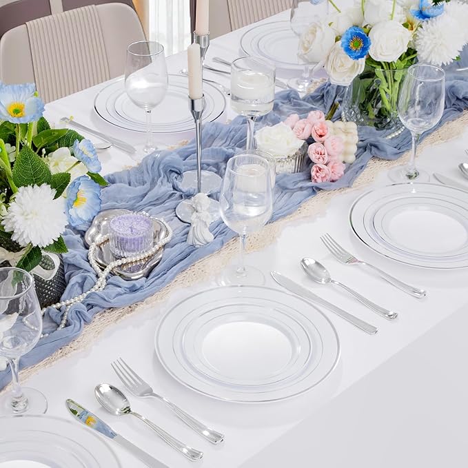 Supernal 102pcs White and Silver Plastic Plates Disaposable Party Plates White Silver Rim Heavy Duty Fancy Silver Plastic Dinnerware Set included 51 Dinner & Dessert Plates for Valentine's Day