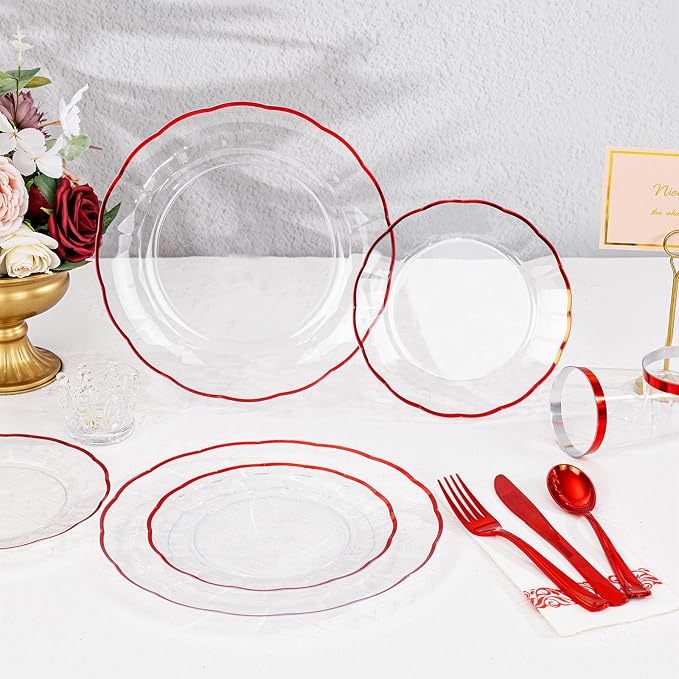 LIYH 350 Pcs Red Plastic Dinnerware Set for 50 Guests, Clear Disposable Plastic Plates with Red Rim Include: Dinner & Dessert Plates, Napkins, Cups, Silverware for Party Birthday