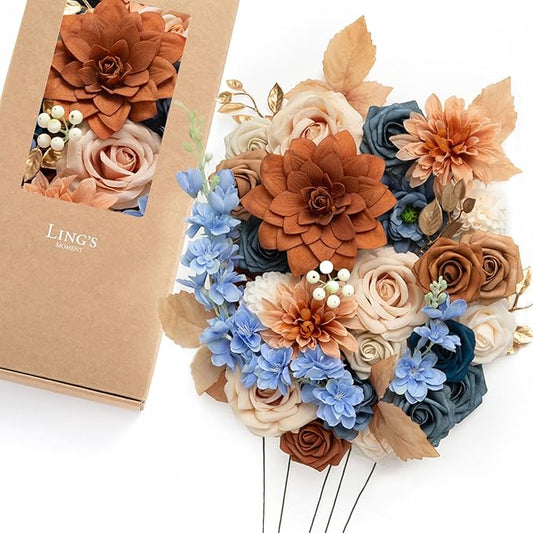 Ling's moment Burnt Orange & Navy Artificial Flowers and Greenery Deluxe Combo Box Set, Terracotta Fake Flower for DIY Wedding Bridal Bouquet, Centerpieces Decor, Floral Arrangement Decor, etc.