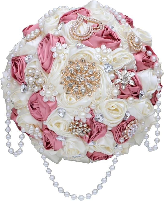 Dusty Pink Rose and Ivory Wedding Bouquet with Rhinestone Brooch Pearl String Satin Flower Cascade Bridal Bouquet for Bride Bridesmaid Quinceanera Wedding 7.5in