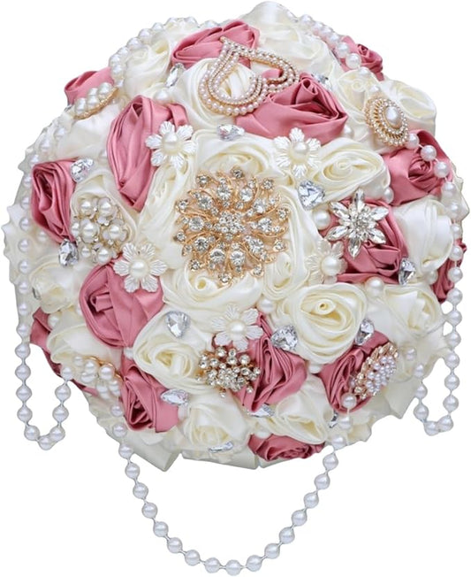 Dusty Pink Rose and Ivory Wedding Bouquet with Rhinestone Brooch Pearl String Satin Flower Cascade Bridal Bouquet for Bride Bridesmaid Quinceanera Wedding 7.5in