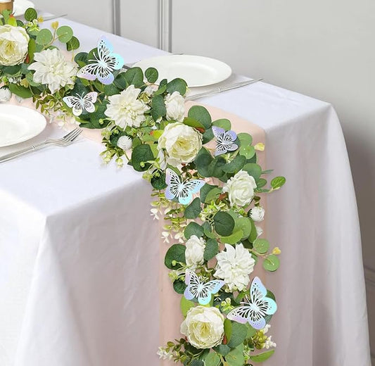 Eucalyptus Flower Garland with Butterflies, 2PCS, 5.9Ft Length Each, Fake Rose Garland, Fake Flower Vines, Faux Floral Greenery for Wedding Table Backdrop Arch Party Centerpiece Decor(Ivory)