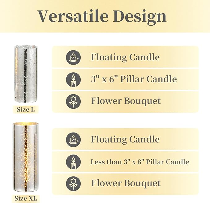 Glass Cylinder Vases Set of 12, Hewory Glittery Silver Vase for Centerpieces, Glass Hurricane Candle Holders for Pillar Floating Candle, Round Tall Vase for Wedding Anniversary Events Home Table Decor