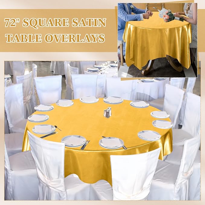 Newwiee 12 Pcs 72 Inch Satin Tablecloth Square Overlay Smooth Fabric Tablecloth Satin Table Cover Fabric Decoration Dining Cloths for Party Wedding Banquet Table Decoration(Gold)
