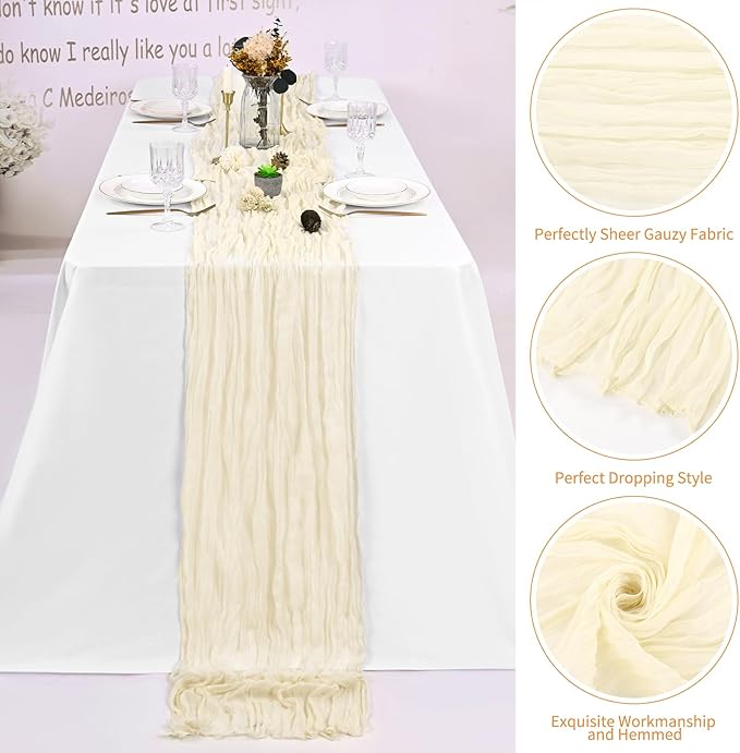16 Pack Ivory Cheesecloth Table Runner 120 Inch 10FT Cream Boho Rustic Sheer Gauze Cheese Cloth Table Runner for Wedding Baby Shower Birthday Party Table Decor