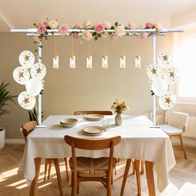 Beyeutao Over The Table Rod Stand with Clamps Adjustable Double Crossbar Table Arch Stand 16"-87" Length 16"-45" Height White Table Banner stand Garden Arbors Fit for Wedding Birthday Party Christmas Decoration