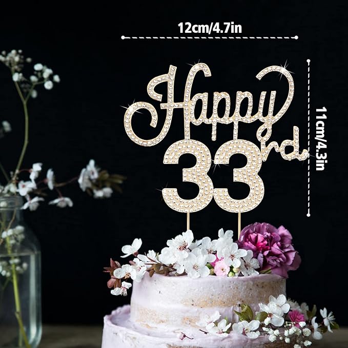 LINGTEER Happy 33rd Birthday Gold Rhinestone Cake Topper - Cheers to 33rd Birthday 33 Years Old Anniversary Party Cake Centerpieces Topper Decorations Gift Sign.