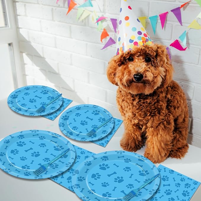 96pcs Dog Paw Prints Party Plates Napkins Dog Paw and Bone Sign Tableware Puppy Pawty Print Dinnerware Disposable Paper Plates for Kids Boy Girl Lets Pawty Birthday Baby Shower Party supplie 24 Guests
