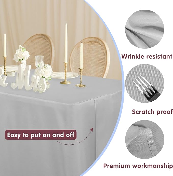 HolidayIdeas Fitted Silver Grey Tablecloths - 72 x 30 Inch - 2 Pack Rectangle Tableclothes for 6 Foot Tables, Polyester Fabric Table Cover for Folding Table, Parties, Wedding, Trade Show