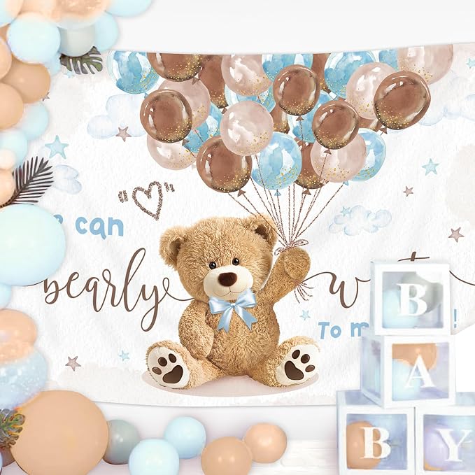 We Can Bearly Wait Backdrop 7Wx5H Feet, Bear Baby Shower Decorations for Boys, Cute Lovely Cartoon Balloons Baby Shower Party, Bear Photography Backgrounds Newborn Photo Shoot Decor Props