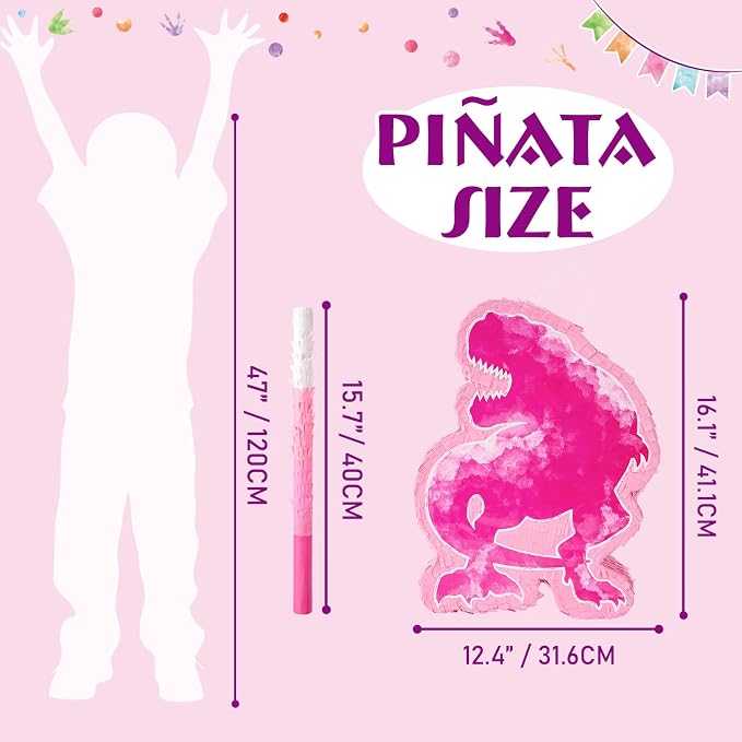 WERNNSAI Dinosaur Piñata - Watercolor Pink Dinosaur Piñata Birthday Piñata with Stick and Blindfold for Kids Birthday Party Game Classroom Activities Rose Dinosaur Themed Party Decors(16.1’’ x 12.4’’)
