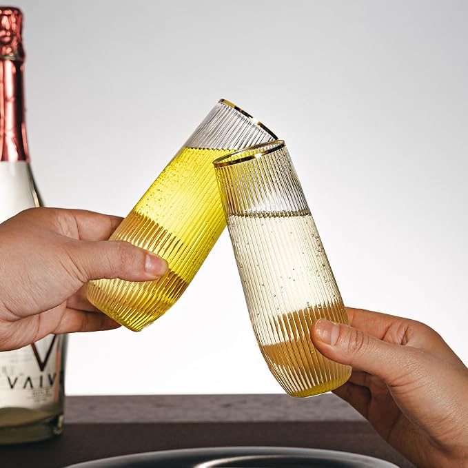 HOMIP 36pcs Plastic Champagne Flutes with Gold Rim - 9oz BPA-free Disposable Champagne Glasses, Ribbed Ripple Design for Weddings, Parties, Bars & Events (Stemless, Durable)