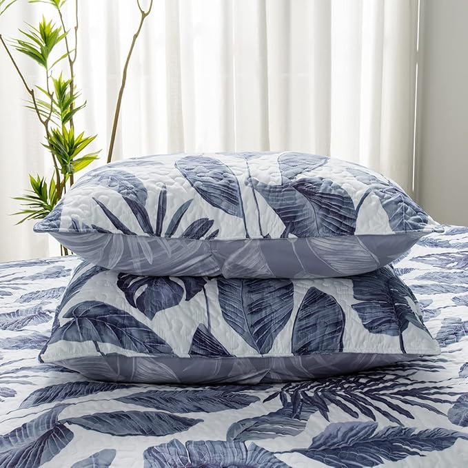 HORIMOTE HOME Tropical Plants Quilt Set Queen Size 3 Pieces, Blue Palm Leaves Rainforest Style Fine Printed Reversible Bedspreads Bedding Sets, Soft and Lightweight Bed Coverlet for All Season