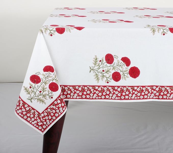 Ridhi Falum Red Hand Block Print Cotton Rectangle Tablecloth 190" x 72" inches Reusable Table Cover Decorative Everyday Use for Dining Room, Farmhouse, Home Gift for Spring, Mother's Day
