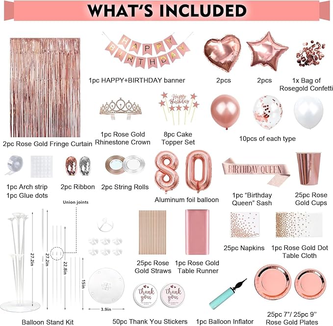 255 Pcs Rose Gold 80th Birthday Decorations for Women – Party Decoration Supplies Kit with “Happy Birthday” Banner, Balloons, Crown, Sash, Cake Topper, Tableware & Fringe Curtain for 25 Guests