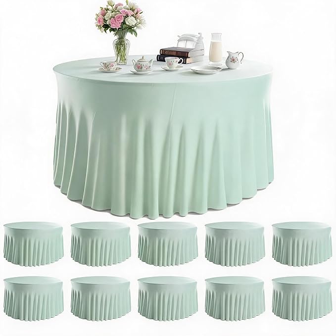 10 Pack Ivory Green Round Spandex Tablecloths for 60in Tables, 120 Inch Stretch Fitted Table Skirts, Wrinkle-Free Washable Polyester Covers for Wedding, Banquet & Party
